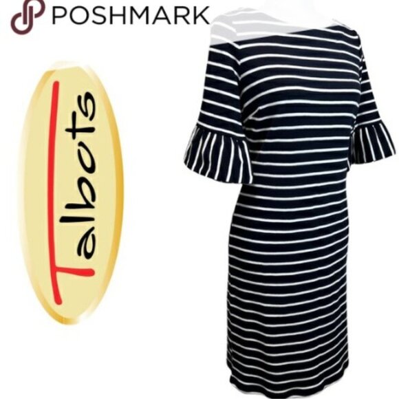 TALBOTS navy/white nautical stripe trumpet sleeve 100% cotton knit dress size 12 - Picture 1 of 11